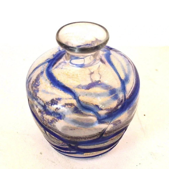 Vintage Small Mini Blue Swirl With Gold Specks Single Flower Vase - Picture 3 of 3